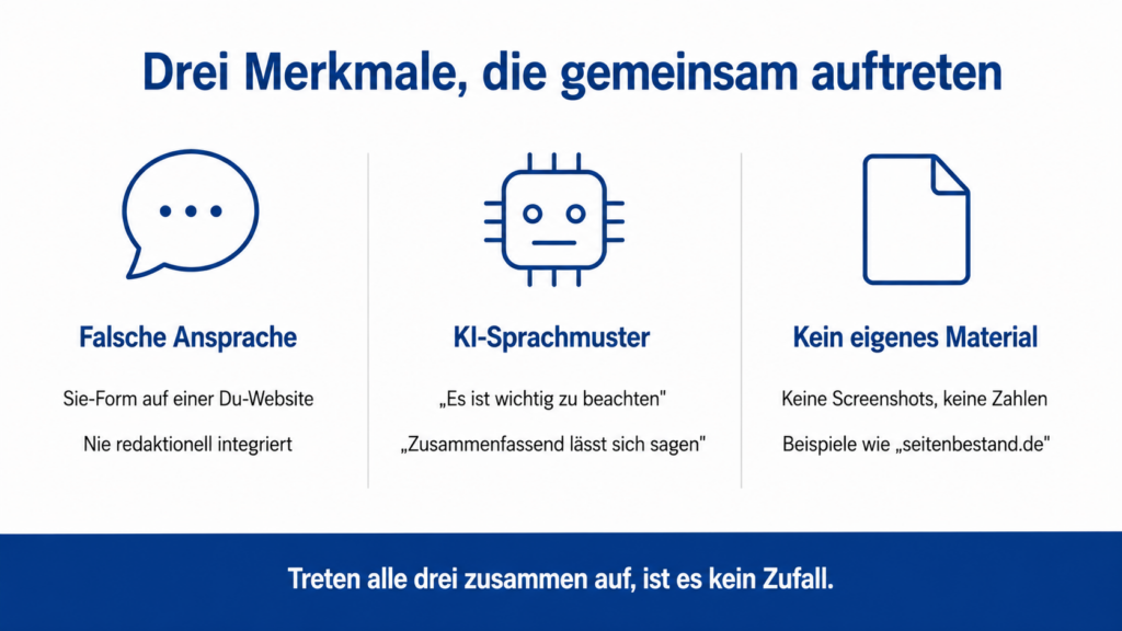 Die drei Merkmale von Stock-Content: Sie-Form auf einer Du-Website, typische KI-Sprachmuster und fehlendes eigenes Material