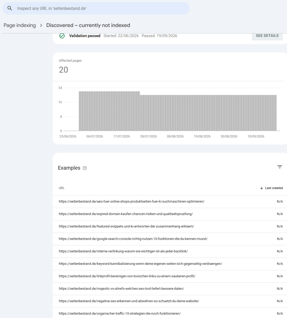 20 Seiten meiner Domain stehen auf „Gefunden – zurzeit nicht indexiert", zuletzt gecrawlt: nie. Trotz 5 bis 21 interner Links und über 1.000 Wörtern pro Seite. Verlinkung allein löst das Problem nicht.