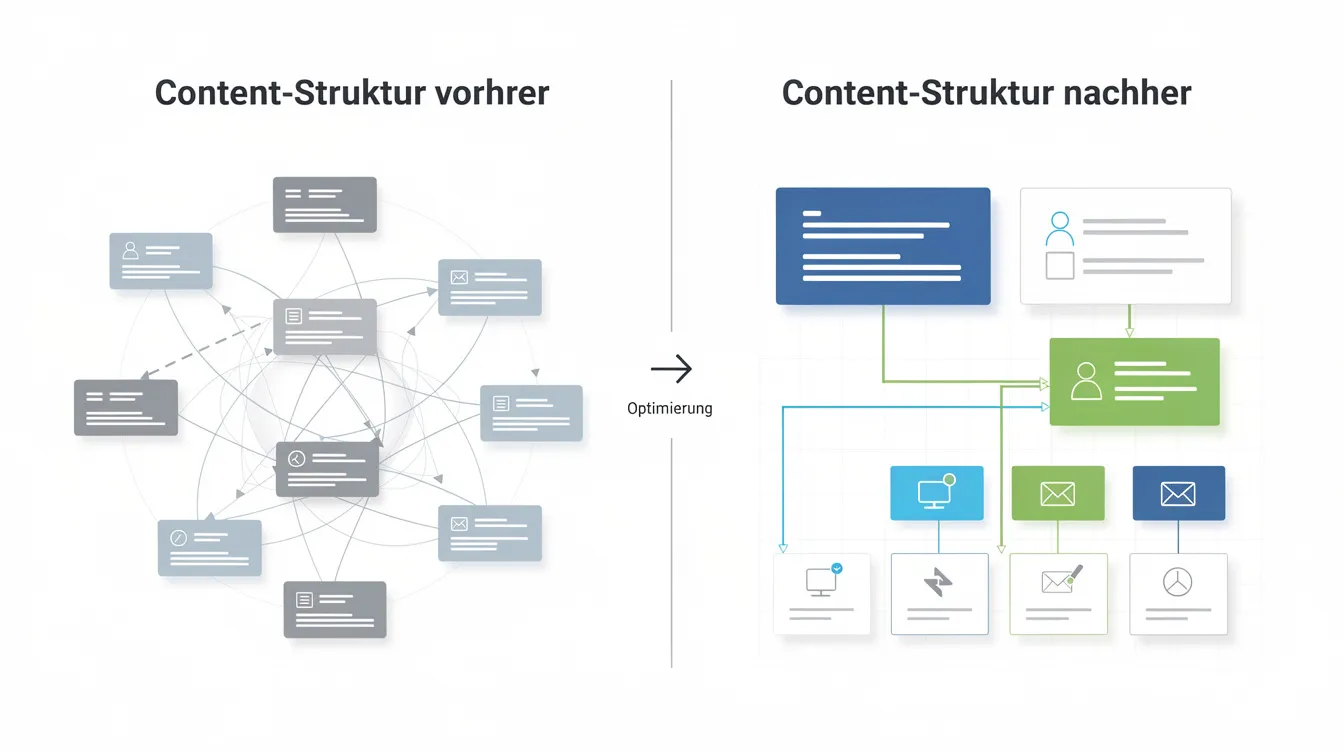 Die vergleichende Darstellung zeigt die Content-Strukturen vor und nach der Optimierung, wobei die neuen Inhalte durch eine verbesserte Sichtbarkeit in Suchmaschinen und höhere Rankings in den Suchergebnissen gekennzeichnet sind. Diese Optimierung zielt darauf ab, die Klickrate und Nutzerinteraktion zu erhöhen, was für eine erfolgreiche SEO-Strategie entscheidend ist.