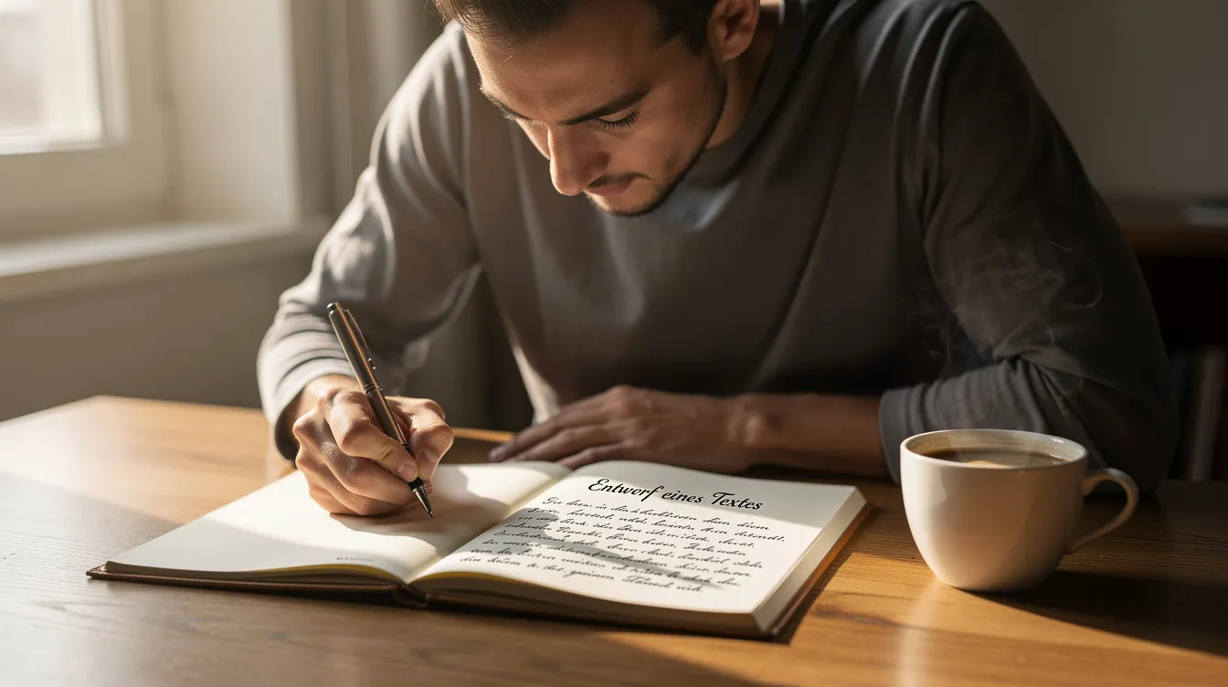 Eine Person sitzt konzentriert an einem Tisch und schreibt an einem Text, während eine Kaffeetasse neben ihr steht. Die Szene vermittelt eine Atmosphäre der Produktivität, ideal für das Arbeiten mit KI-Tools und Strategien zur Verbesserung der Sichtbarkeit in Suchmaschinen.