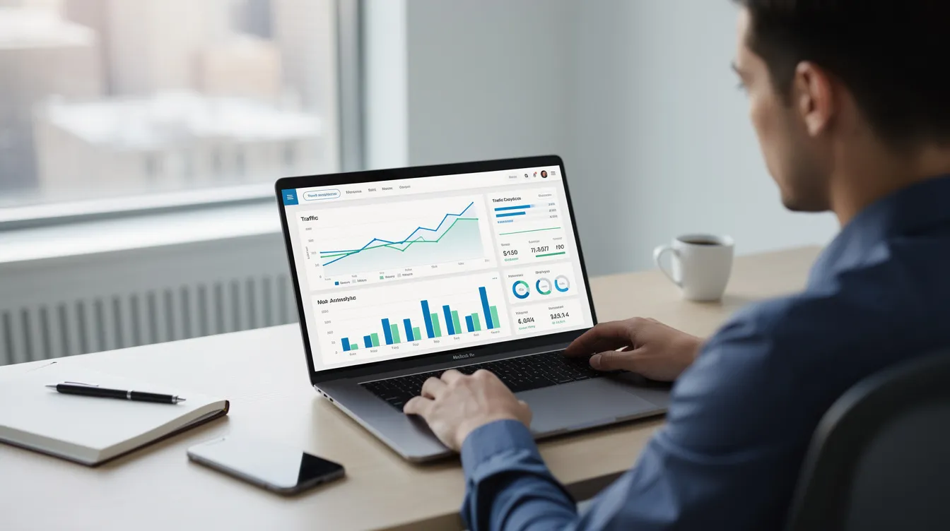 Eine Person analysiert Website-Daten auf ihrem Laptop-Bildschirm, während sie Informationen über Suchmaschinenoptimierung (SEO) und den Einsatz von künstlicher Intelligenz (KI) in der Online-Marketing-Strategie betrachtet. Auf dem Bildschirm sind Diagramme und Statistiken sichtbar, die die Sichtbarkeit der Webseite in den Suchergebnissen darstellen.