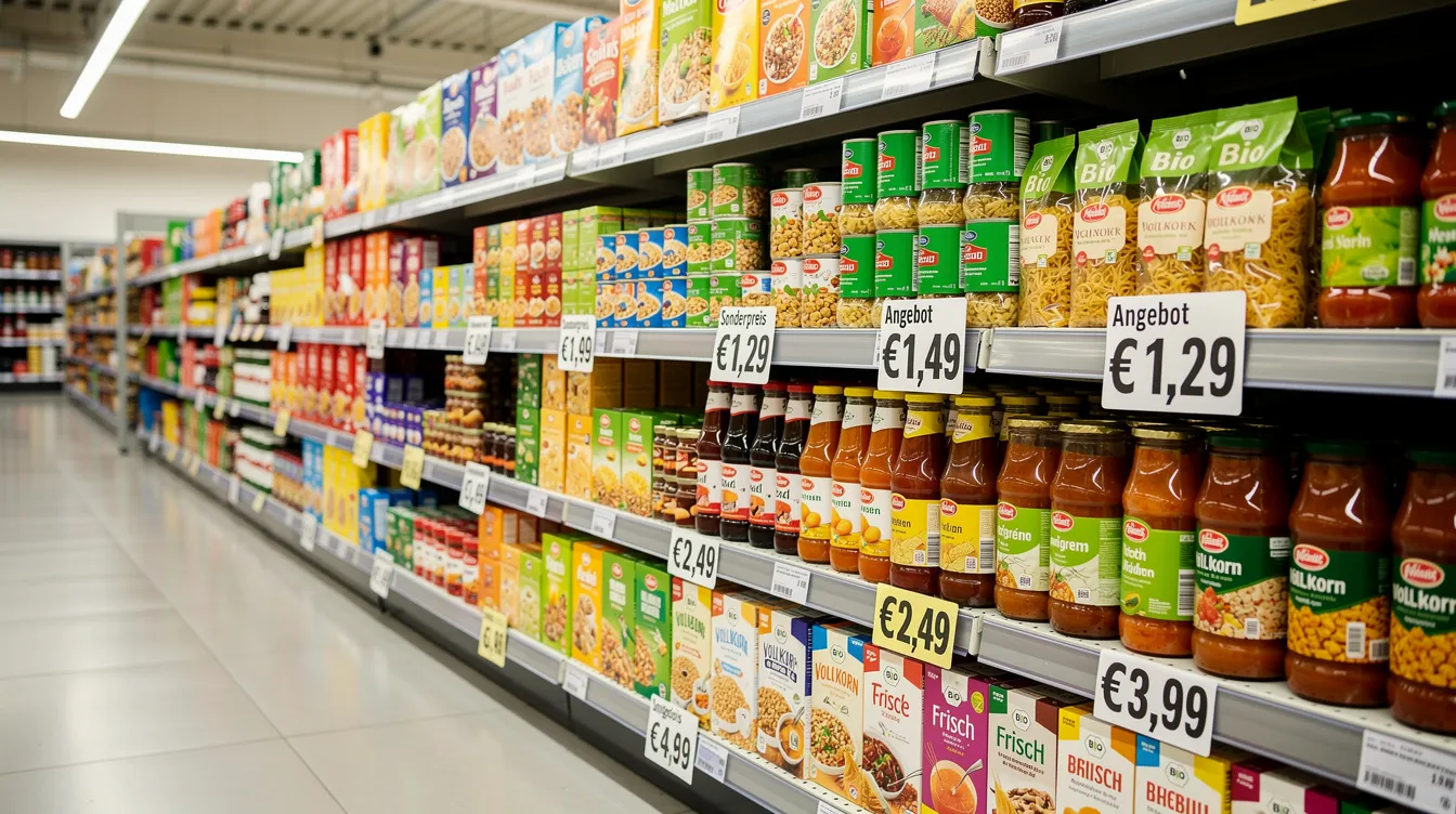 Das Bild zeigt gut organisierte Supermarkt-Regale, die mit verschiedenen Produkten gefüllt sind. Jedes Produkt hat ein deutlich sichtbares Preisschild, was die Orientierung und Auswahl für die Kunden erleichtert.