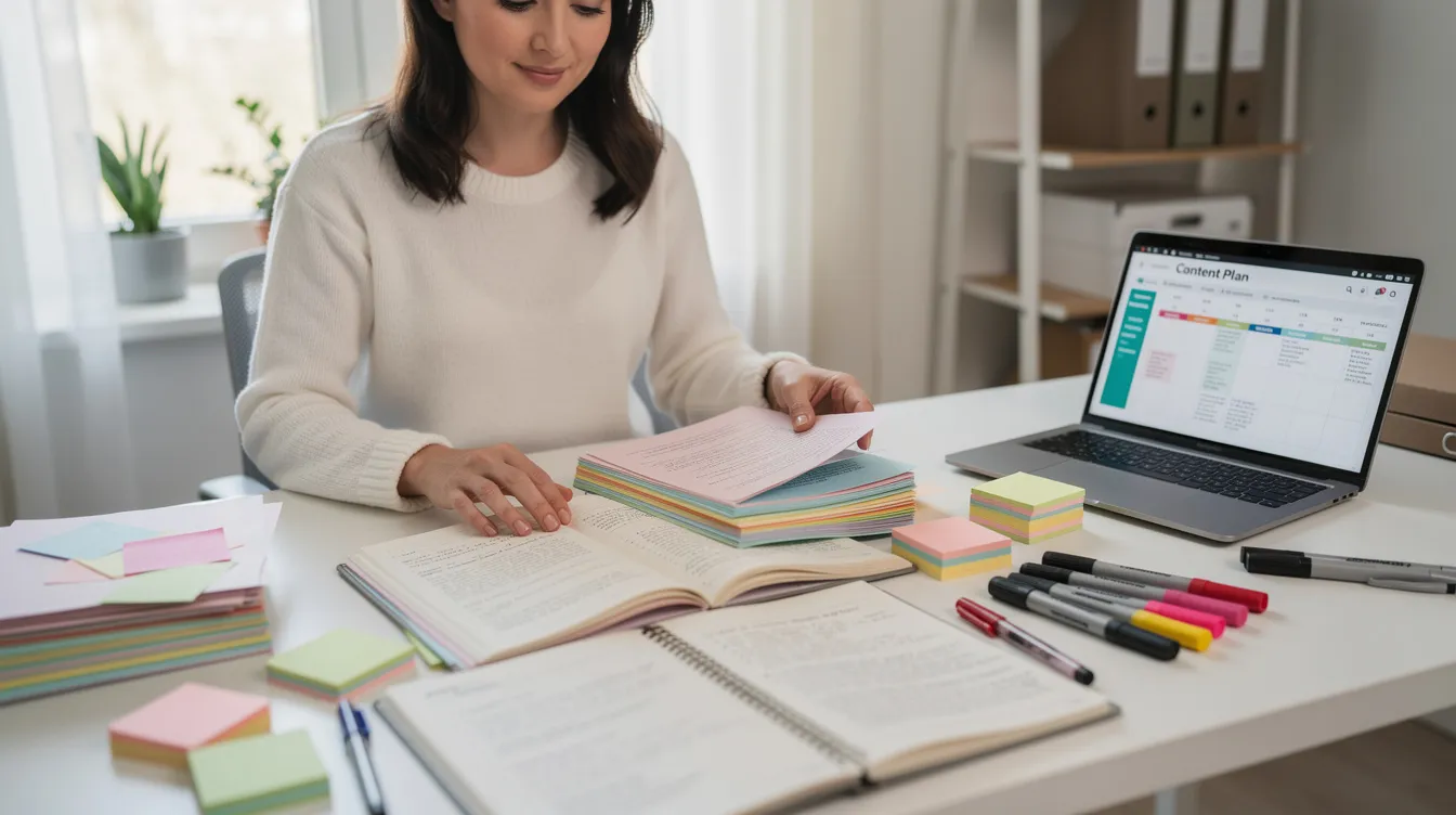 Ein kreativer Inhaltsersteller organisiert bunte Dokumente und Notizen auf einem Schreibtisch. Die verschiedenen Farben und Anordnungen der Papiere schaffen eine lebendige Arbeitsatmosphäre, die die Kreativität und Effizienz bei der Informationssuche unterstützt.