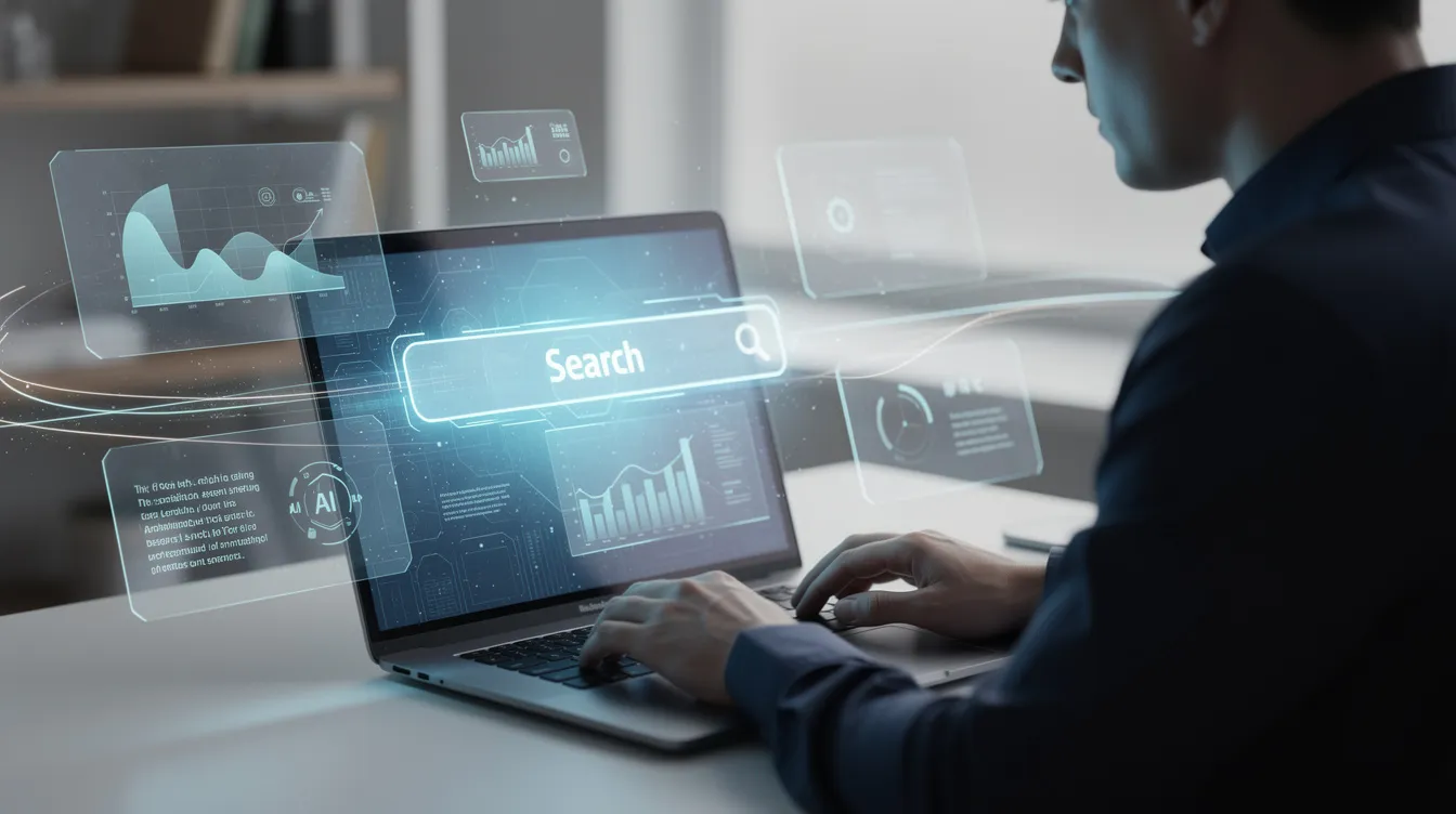 Ein Mensch sitzt an einem Laptop, auf dessen Bildschirm eine leuchtende Suchoberfläche zu sehen ist, die moderne, KI-gestützte Suchtechnologien darstellt. Die Darstellung symbolisiert die Nutzung von großen Sprachmodellen (LLMs) und die Optimierung für KI-Suchmaschinen, um relevante Informationen und Antworten effizient zu finden.