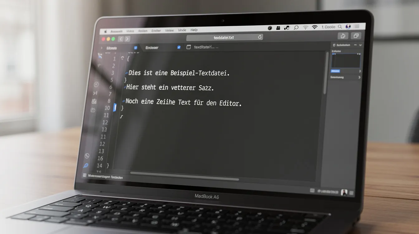 Ein Laptop mit geöffnetem Code-Editor zeigt eine Textdatei, die Informationen über KI-Modelle und deren Anwendungsmöglichkeiten enthält. Auf dem Bildschirm sind Programmierzeilen zu sehen, die sich mit Themen wie Crawling und Datenschutz befassen.