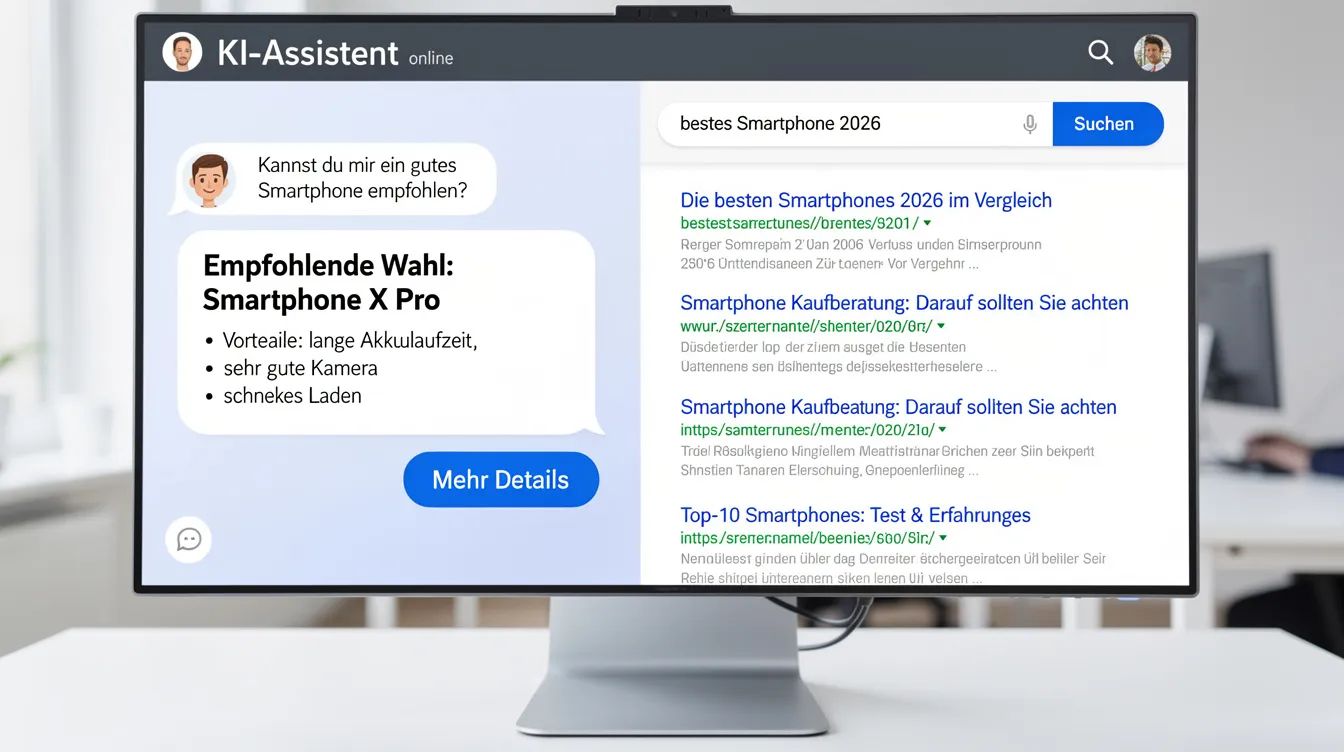 Das Bild zeigt einen Bildschirm mit einer KI-Chat-Oberfläche, die eine Produktempfehlung anzeigt, während daneben ein klassisches Suchergebnis mit vielen blauen Links zu sehen ist. Diese Darstellung verdeutlicht die Vorteile von KI-Tools, die eine verbesserte Sichtbarkeit und Relevanz in den Suchergebnissen bieten.