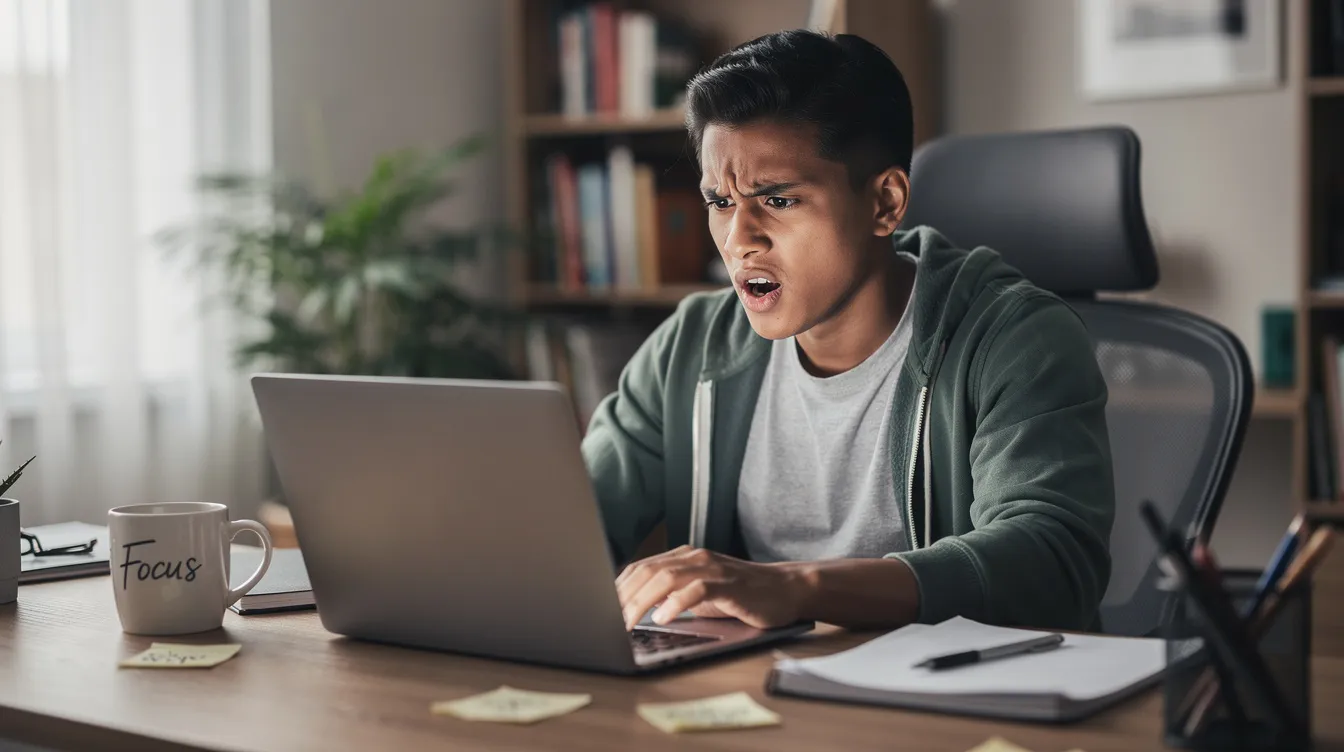 Eine Person sitzt an einem Schreibtisch und schaut verwirrt auf den Bildschirm ihres Laptops, während sie anscheinend Probleme mit einer Webseite hat. Ihre Körperhaltung deutet auf Frustration hin, möglicherweise aufgrund von Fehlermeldungen oder Störungen in der Navigation.