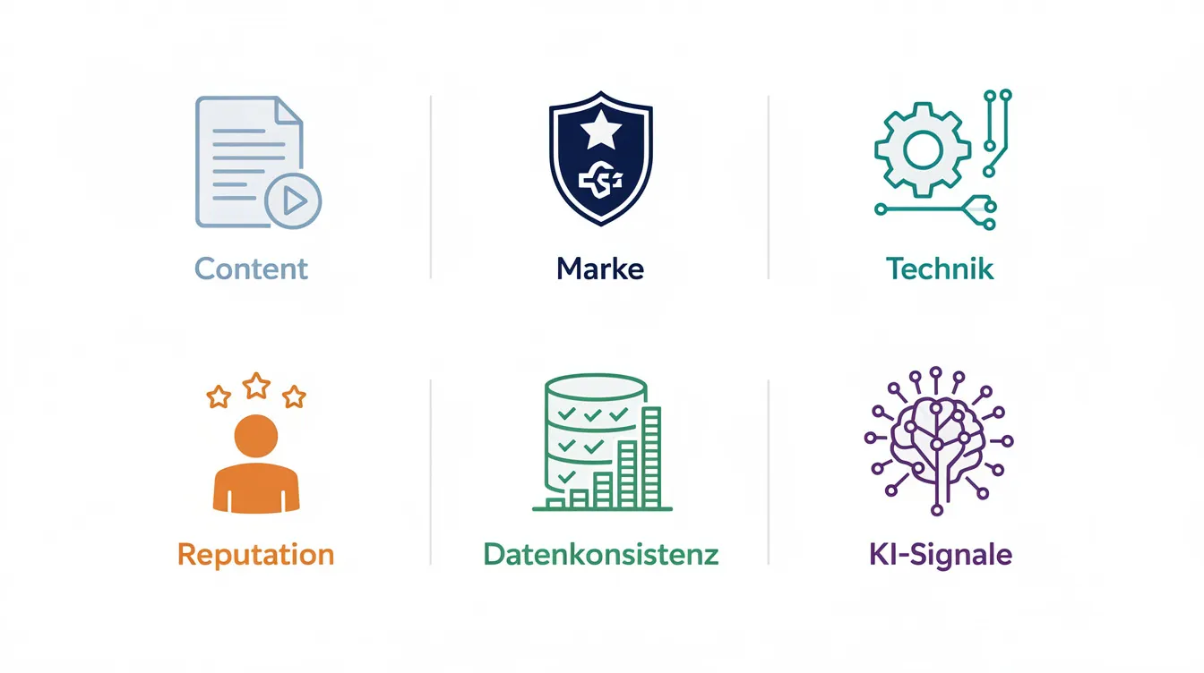 Die Grafik zeigt sechs Icons, die verschiedene Aspekte wie Content, Marke, Technik, Reputation, Datenkonsistenz und KI-Signale darstellen. Jedes Icon symbolisiert wichtige Kriterien für Unternehmen, die ihre Sichtbarkeit und Performance durch den Einsatz von KI-Tools und Optimierungen in der digitalen Welt verbessern möchten.