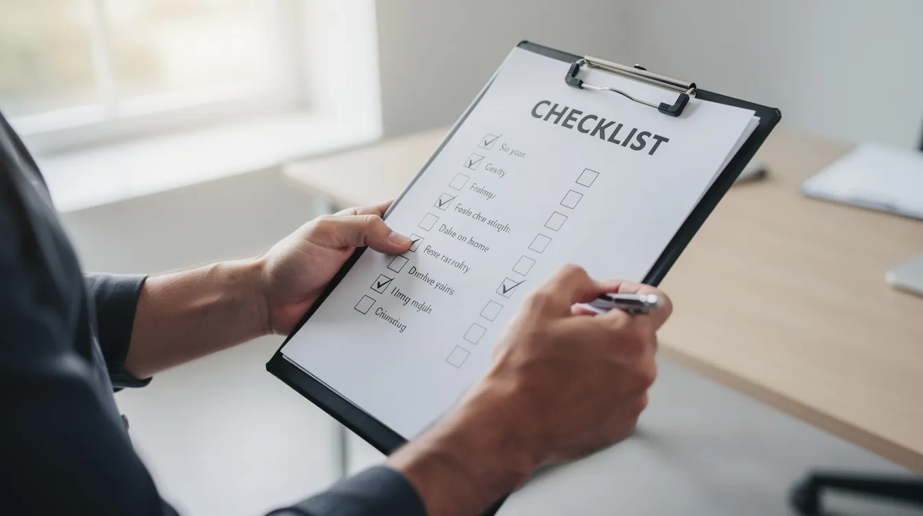 Eine Person steht an einem Tisch und überprüft eine Checkliste auf einem Clipboard, während sie konzentriert auf die Aufgaben blickt. Im Hintergrund sind verschiedene Bürogegenstände und ein Computer sichtbar, die eine produktive Arbeitsumgebung schaffen.