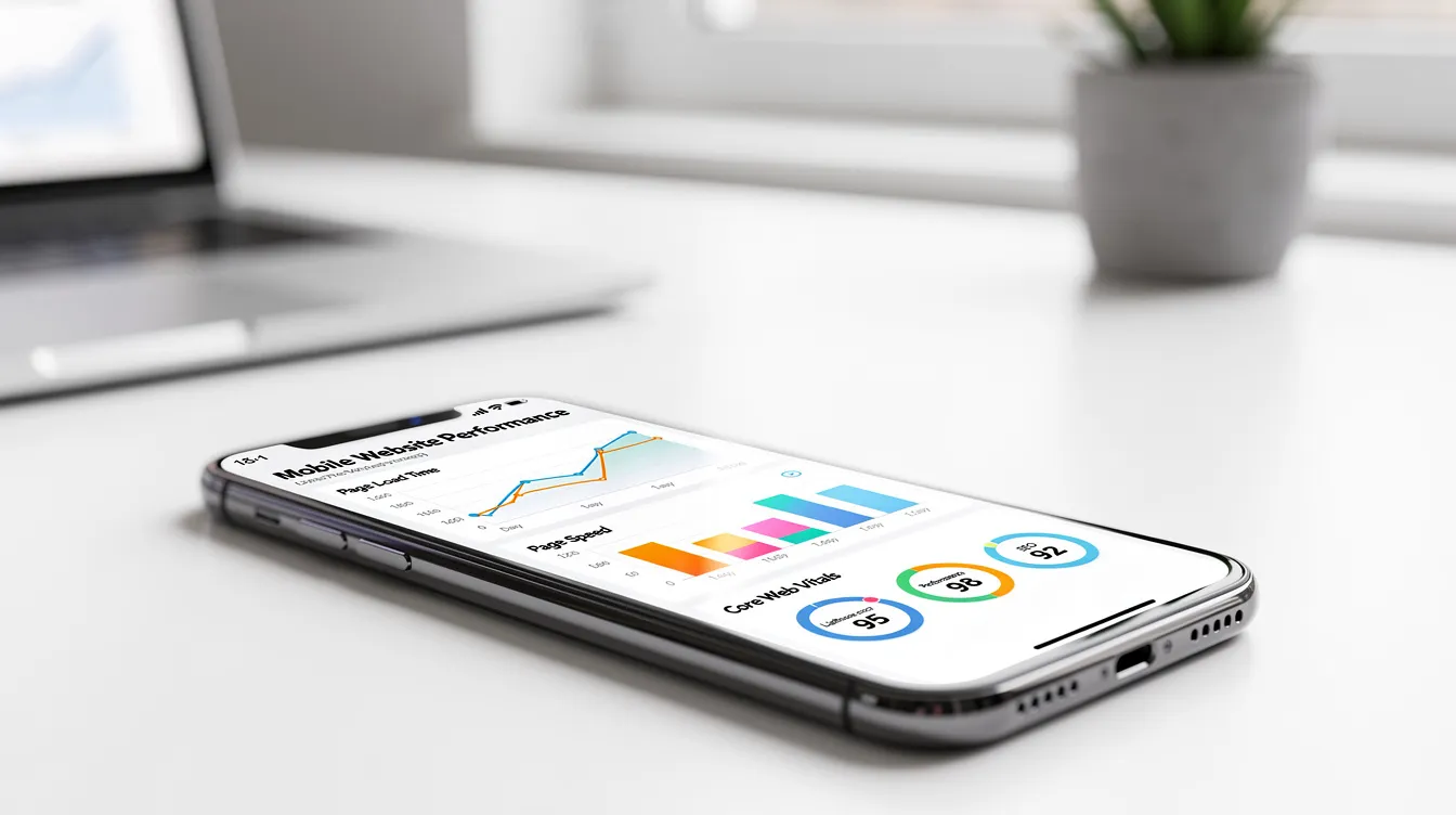 Ein Smartphone zeigt die Leistung einer mobilen Webseite an, die mit künstlicher Intelligenz optimiert wurde. Die Anzeige umfasst wichtige Informationen zur Sichtbarkeit in Suchmaschinen und zur Optimierung durch KI-gestützte Systeme, die für das Online-Marketing von Bedeutung sind.