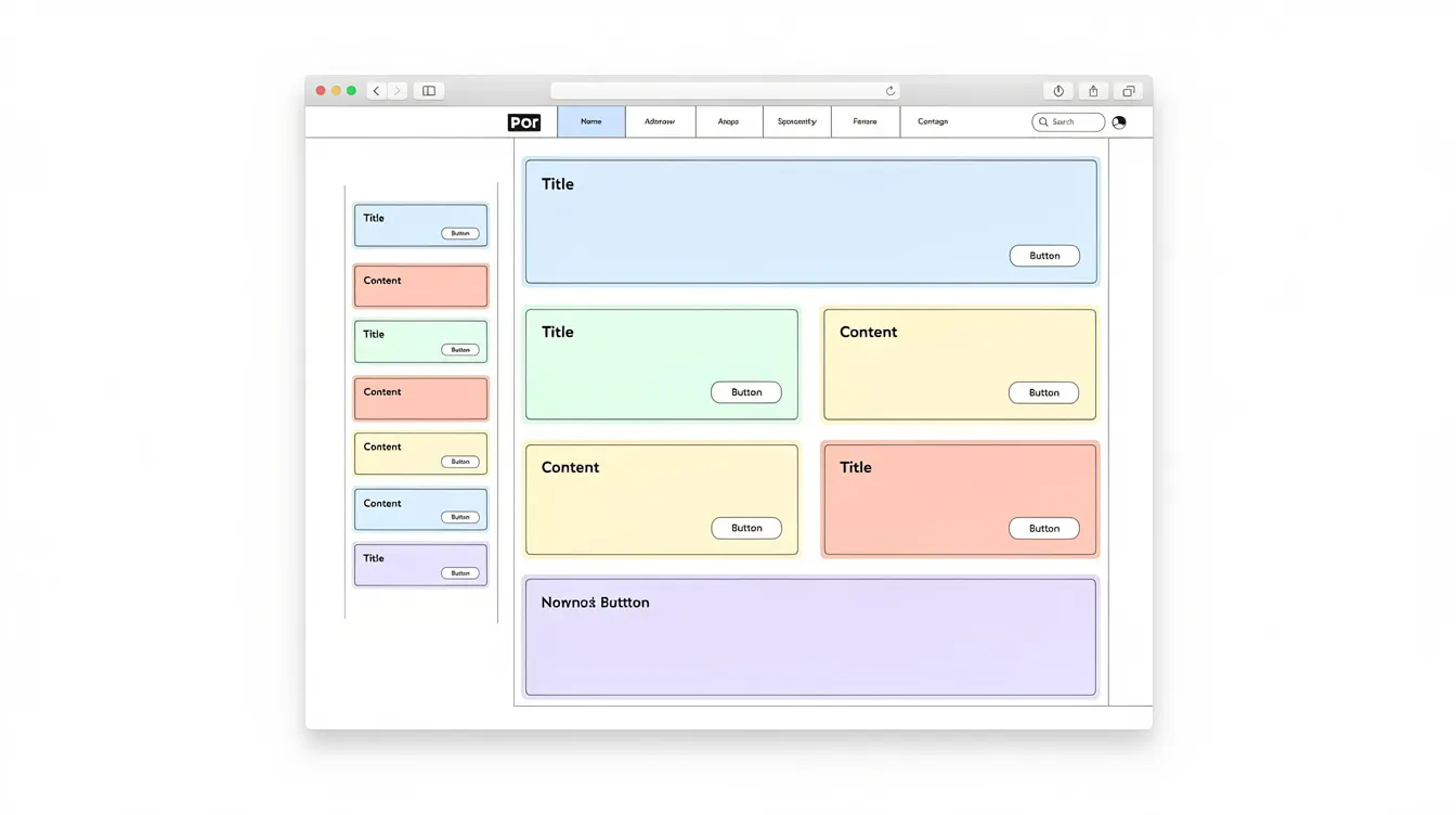 Das Bild zeigt ein modulares Webseitenlayout mit klar abgegrenzten Inhaltsblöcken, die in verschiedenen Farben hervorgehoben sind. Diese Struktur unterstützt die Sichtbarkeit der Inhalte und ist wichtig für die SEO-Optimierung und die Benutzerfreundlichkeit von Webseiten.