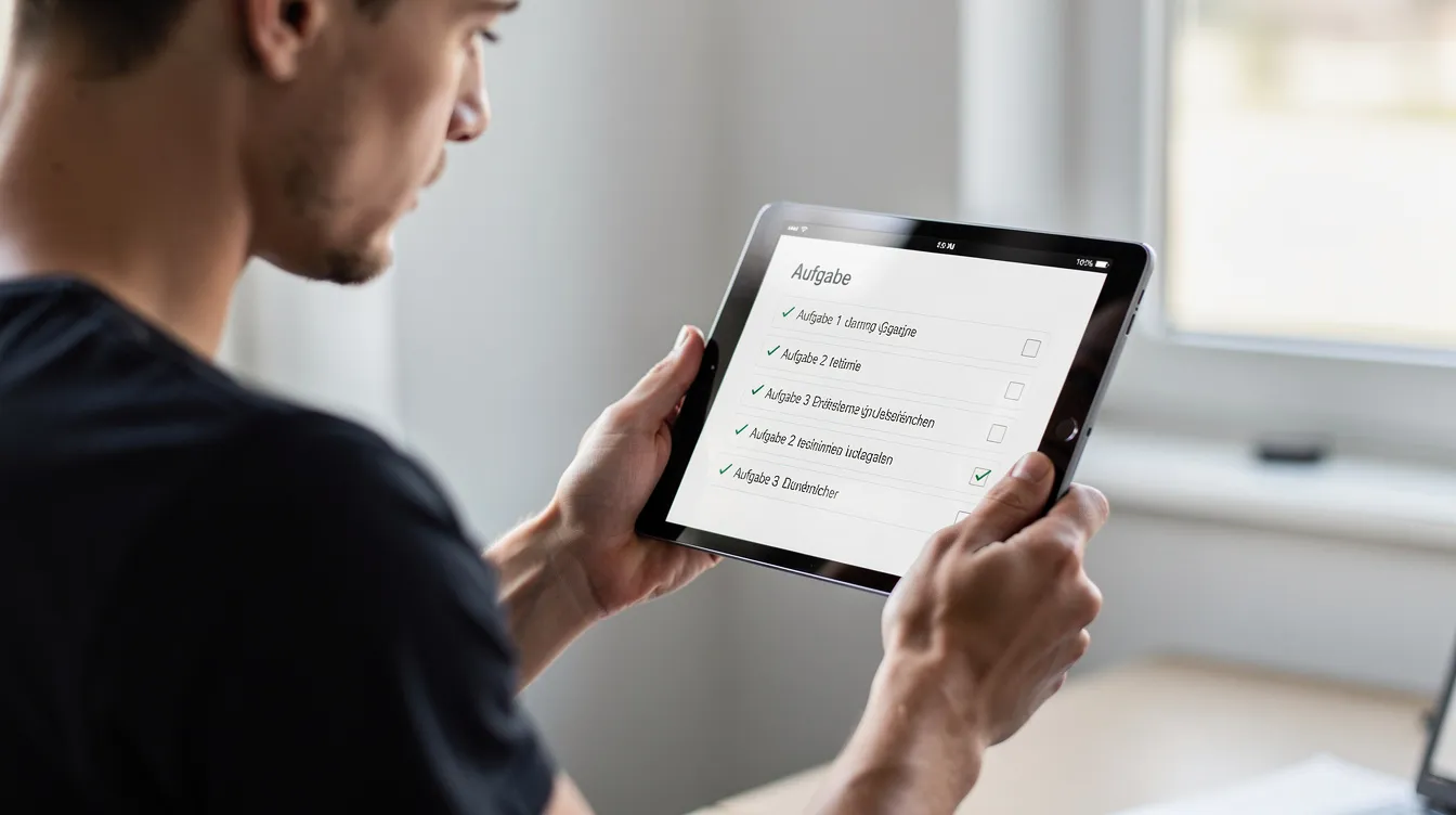 Eine Person überprüft eine Checkliste auf einem Tablet, während sie in einem modernen Büro sitzt. Der Bildschirm zeigt klare Anweisungen und Aufgaben, die möglicherweise mit der Verwaltung von Inhalten auf einer Website oder der Nutzung von KI-Systemen zu tun haben.