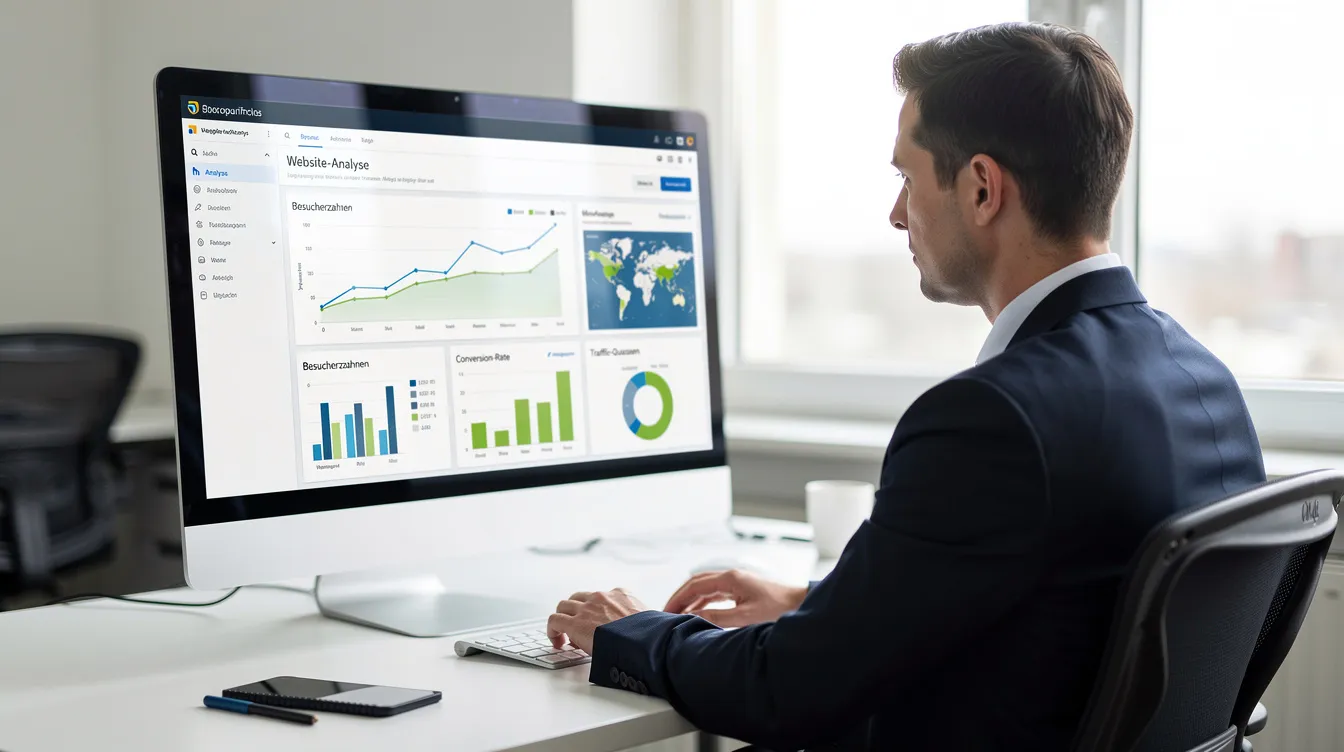 Eine professionelle Person analysiert Website-Daten auf einem Bildschirm, während sie wichtige Informationen zur Suchmaschinenoptimierung und strukturierten Daten wie Schema Markup und JSON-LD betrachtet. Der Fokus liegt auf der Verbesserung der Sichtbarkeit der Webseite in den Suchergebnissen von Google.