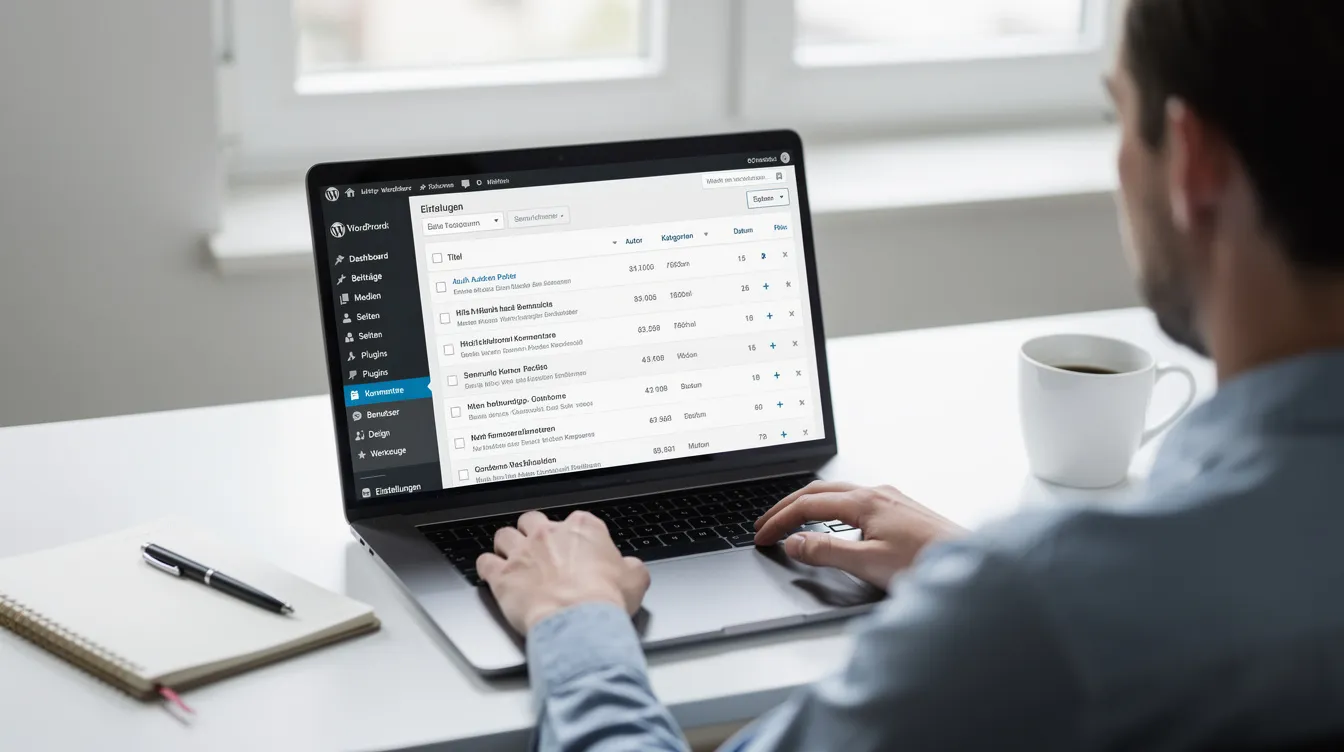Eine Person sitzt an einem Laptop und arbeitet im geöffneten WordPress-Dashboard, wo sie Inhalte für eine Webseite erstellt. Auf dem Bildschirm sind verschiedene Menüs und Optionen zur Suchmaschinenoptimierung sichtbar, einschließlich der Implementierung von strukturierten Daten und Schema Markup.
