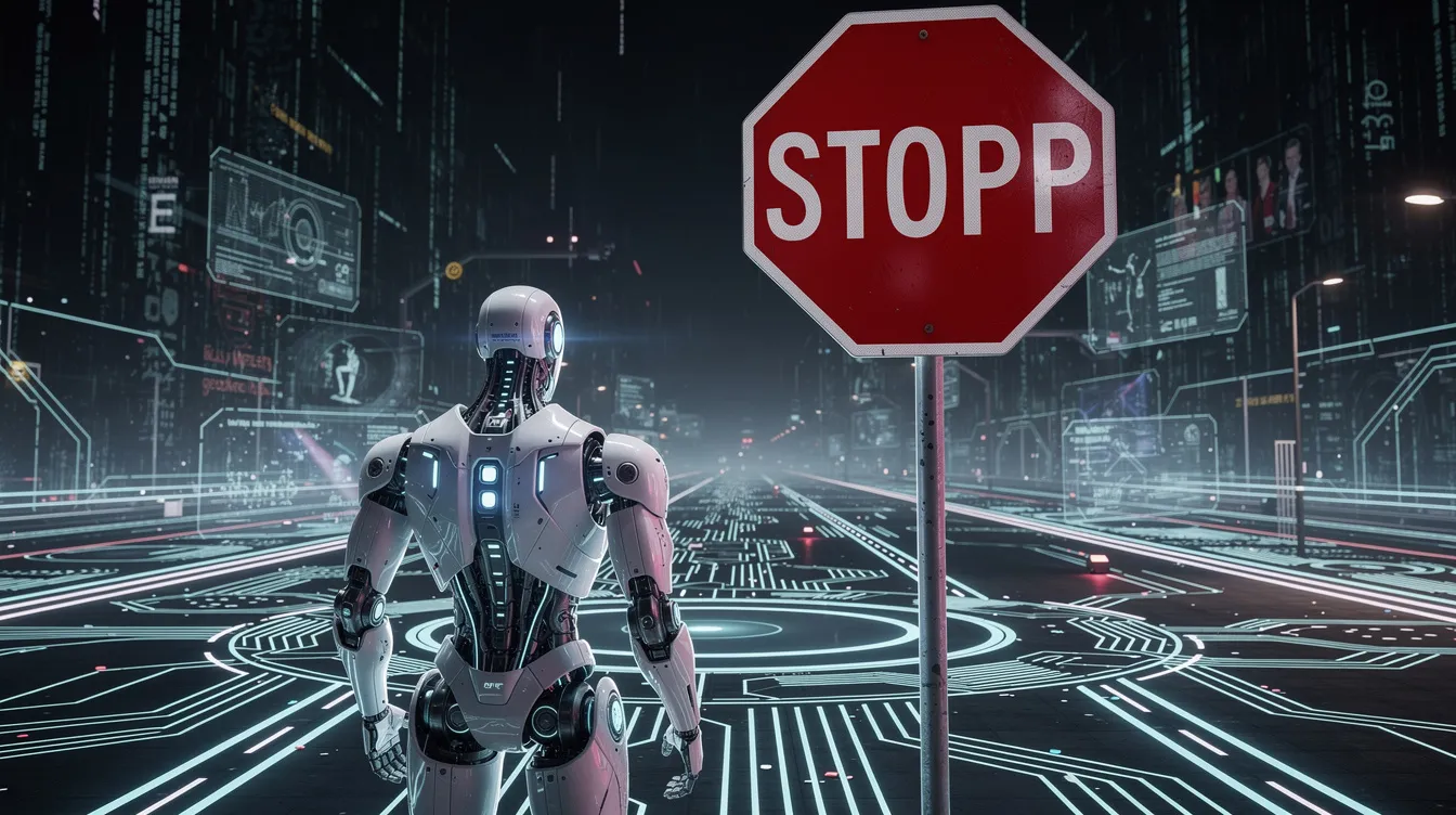 Ein Roboter steht vor einem großen roten Stoppschild auf einer digitalen Straße, umgeben von einem futuristischen Stadtbild. Die Szene symbolisiert die Herausforderungen und Regeln, die für KI-Systeme und deren Crawling-Verhalten in der Online-Welt gelten.