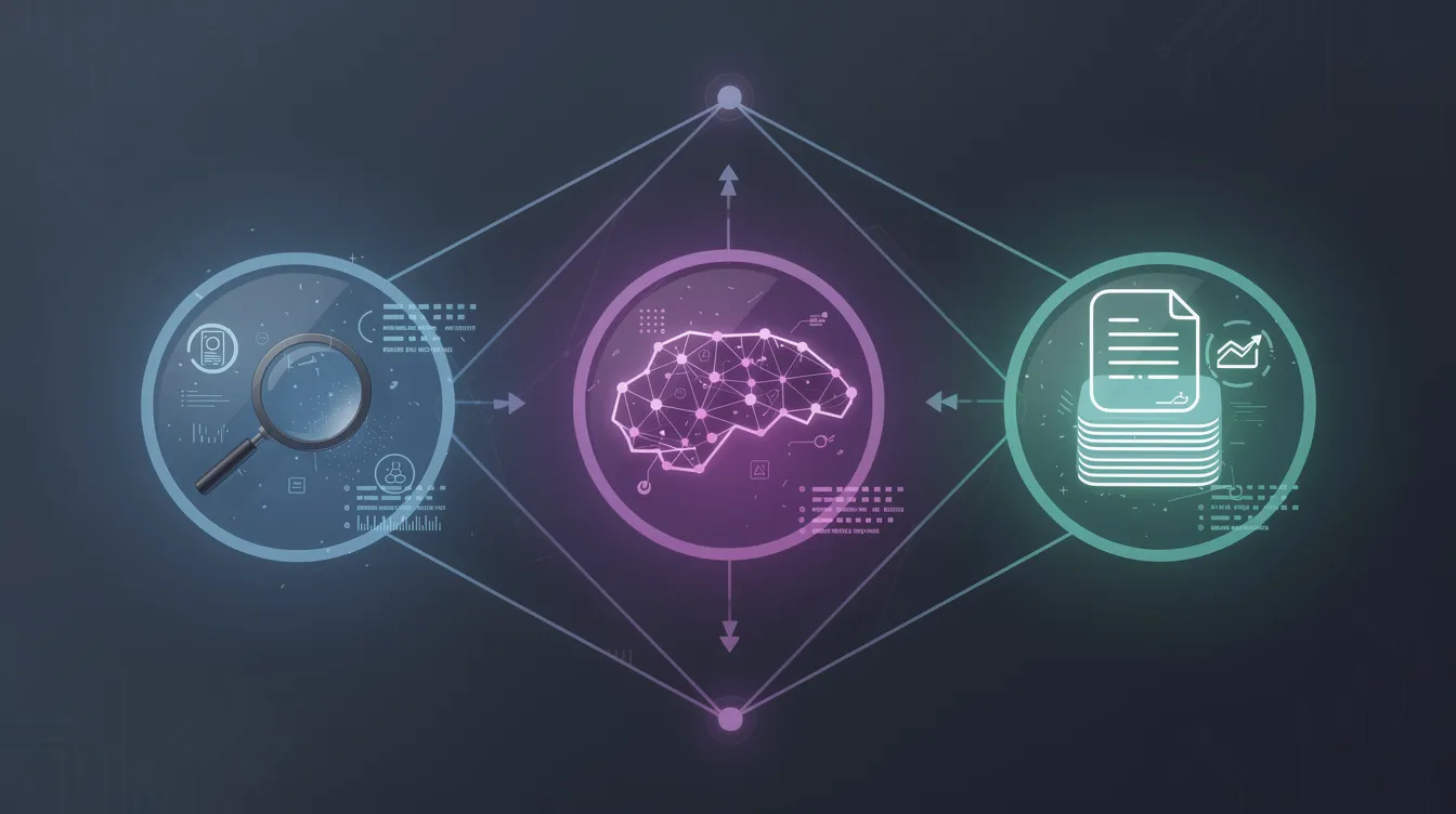 Das Bild zeigt drei miteinander verbundene Knoten, die verschiedene KI-Suchsysteme darstellen, die zusammenarbeiten, um optimierte Suchergebnisse und Antworten für Nutzer zu generieren. Diese Systeme repräsentieren fortschrittliche Technologien wie große Sprachmodelle (LLMs) und KI-gestützte Informationssuche, die die Sichtbarkeit und Effizienz in der Internetsuche verbessern.
