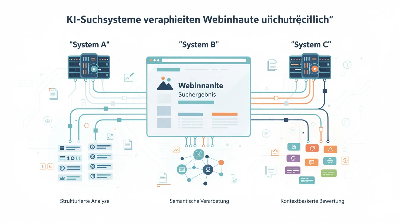 Das Bild zeigt verschiedene KI-Suchsysteme, die Webinhalte unterschiedlich verarbeiten, einschließlich KI-Chatbots und -Assistenten wie Microsoft Copilot und ChatGPT. Es veranschaulicht den Vergleich der Stärken und Schwächen dieser KI-Modelle sowie deren Anwendung in der modernen Arbeitswelt und den Einfluss auf die Produktivität.