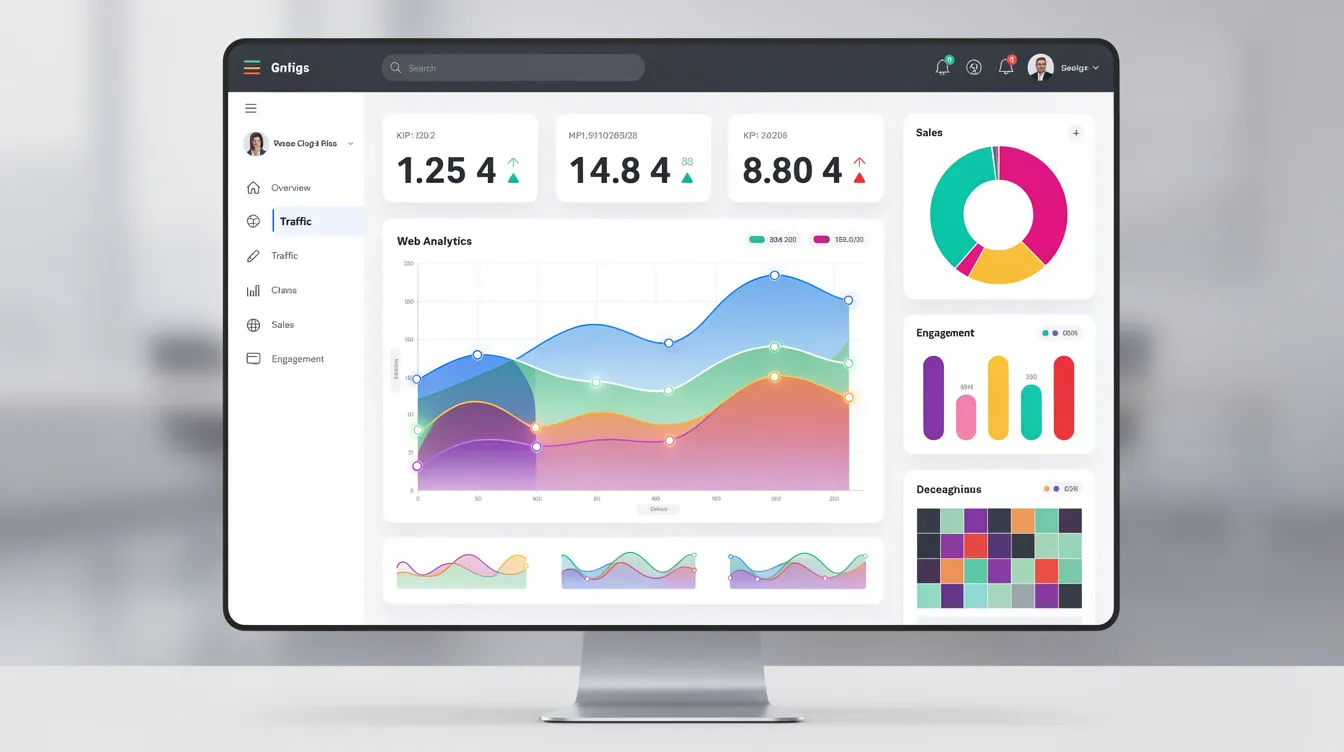 Das Bild zeigt ein modernes Analyse-Dashboard mit bunten Diagrammen und Grafiken, das wichtige Kennzahlen und Trends visualisiert. Es ist ein nützliches Tool für Unternehmen, um die Sichtbarkeit ihrer Inhalte in Suchmaschinen wie Google zu optimieren und das Nutzerverhalten besser zu verstehen.