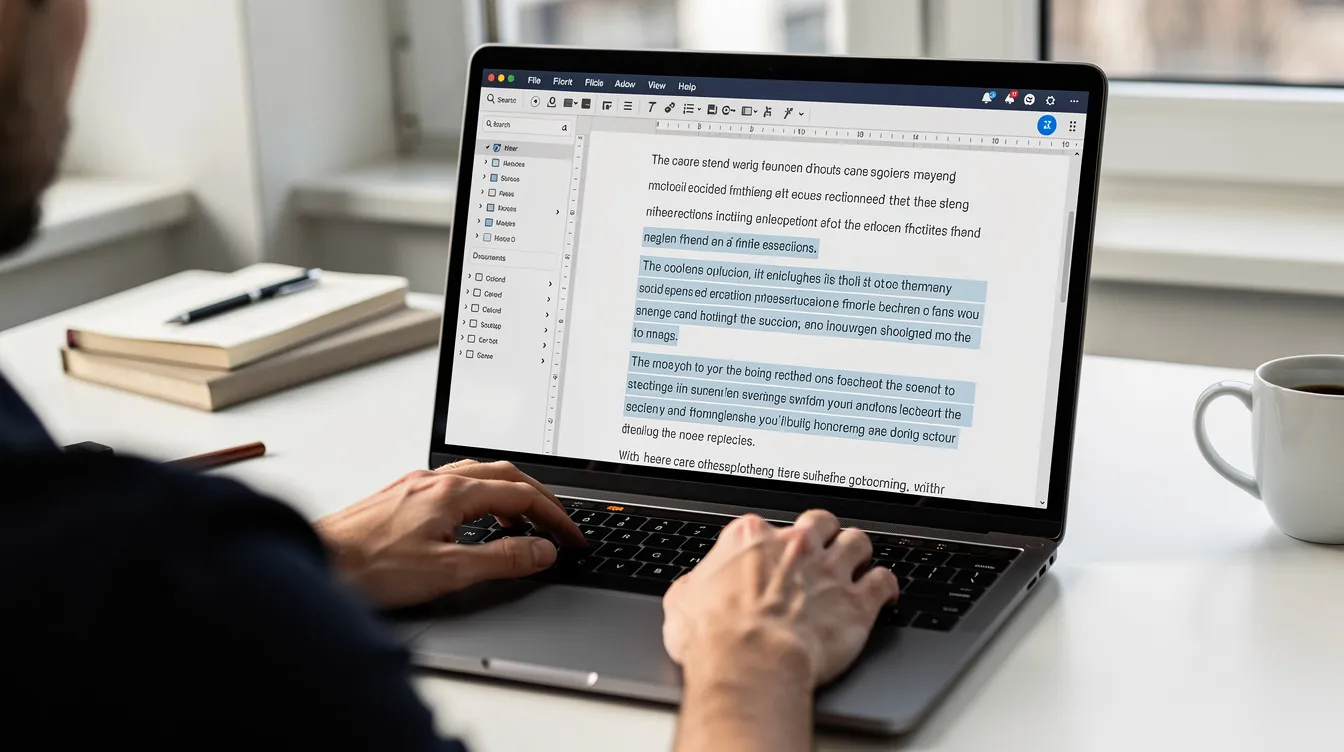 Ein Content-Editor arbeitet an einem Laptop, um Textabsätze zu markieren und umzugestalten, um die Struktur der Inhalte zu verbessern. Dies ist ein wichtiger Schritt zur Optimierung der Sichtbarkeit von Webseiten in Suchmaschinen und zur Verbesserung der Nutzererfahrung.