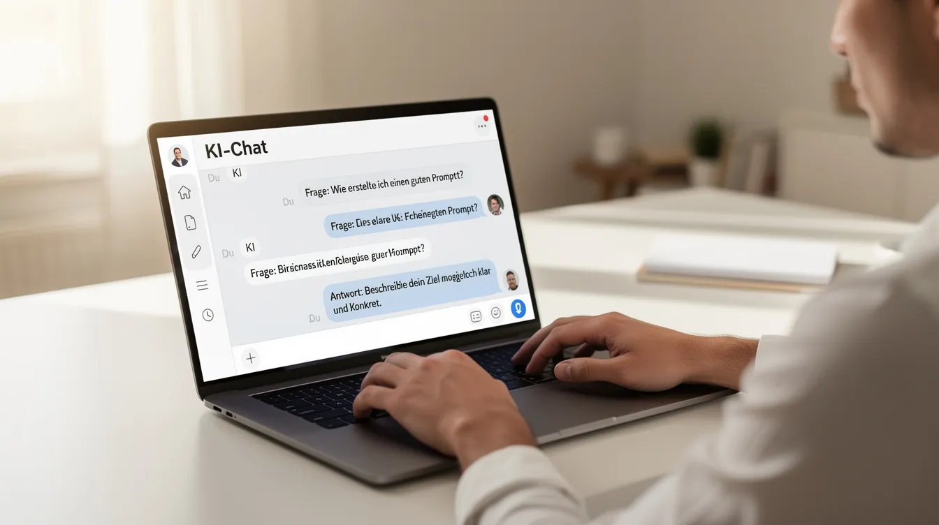 Eine Person sitzt an einem Laptop, auf dem ein KI-Chatfenster geöffnet ist, in dem sie Fragen stellt und Antworten von einem KI-System erhält. Die Szene zeigt die Interaktion mit KI-Tools, die für die Sichtbarkeit in Suchmaschinen und das Marketing von Unternehmen wichtig sind.