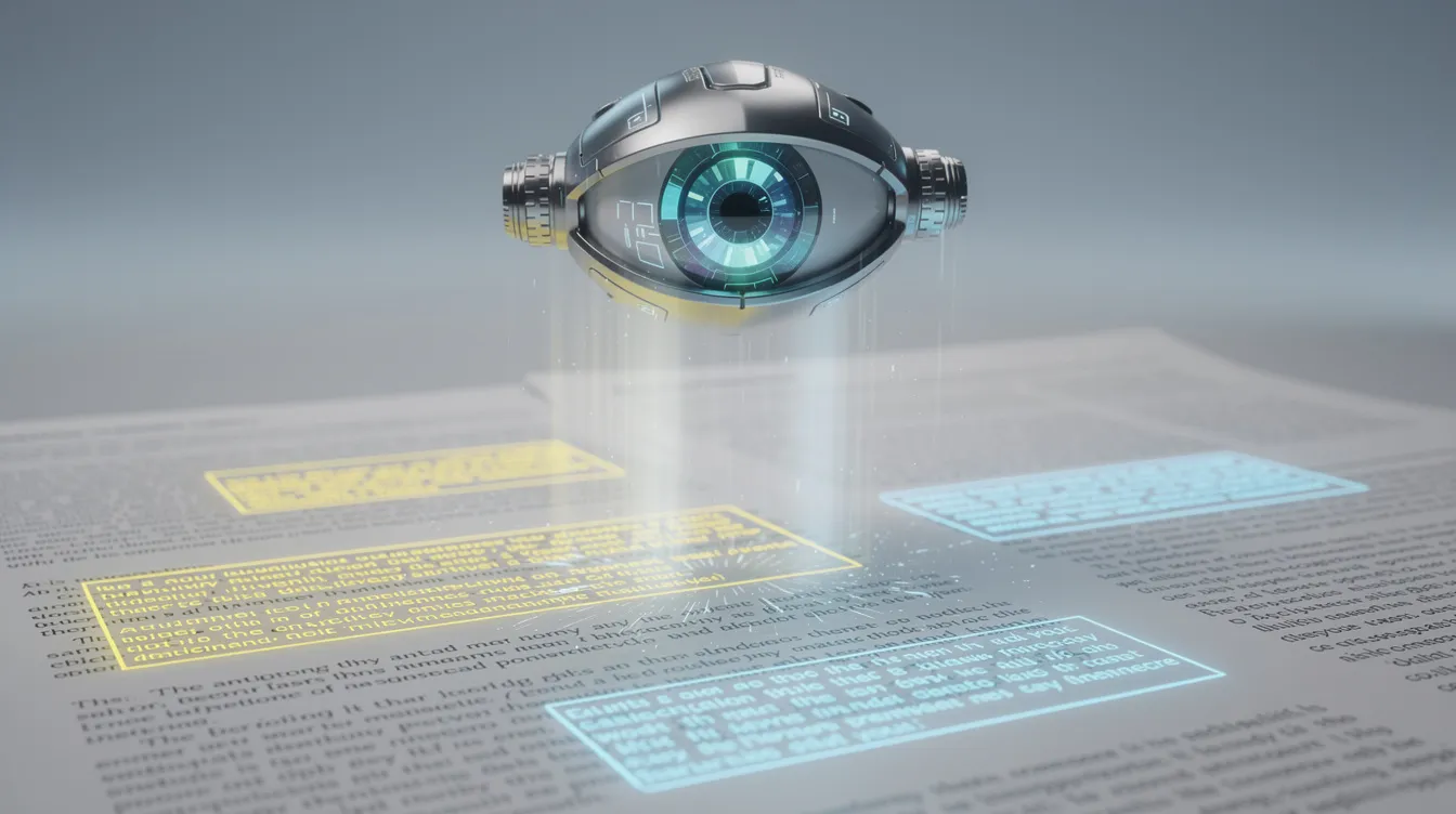 Das Bild zeigt ein robotisches Auge, das Textdokumente scannt und dabei hervorgehobene Absatzblöcke analysiert. Diese visuelle Darstellung verdeutlicht den Einsatz von KI-Systemen zur Verbesserung der Sichtbarkeit und Struktur von Inhalten in Dokumenten.