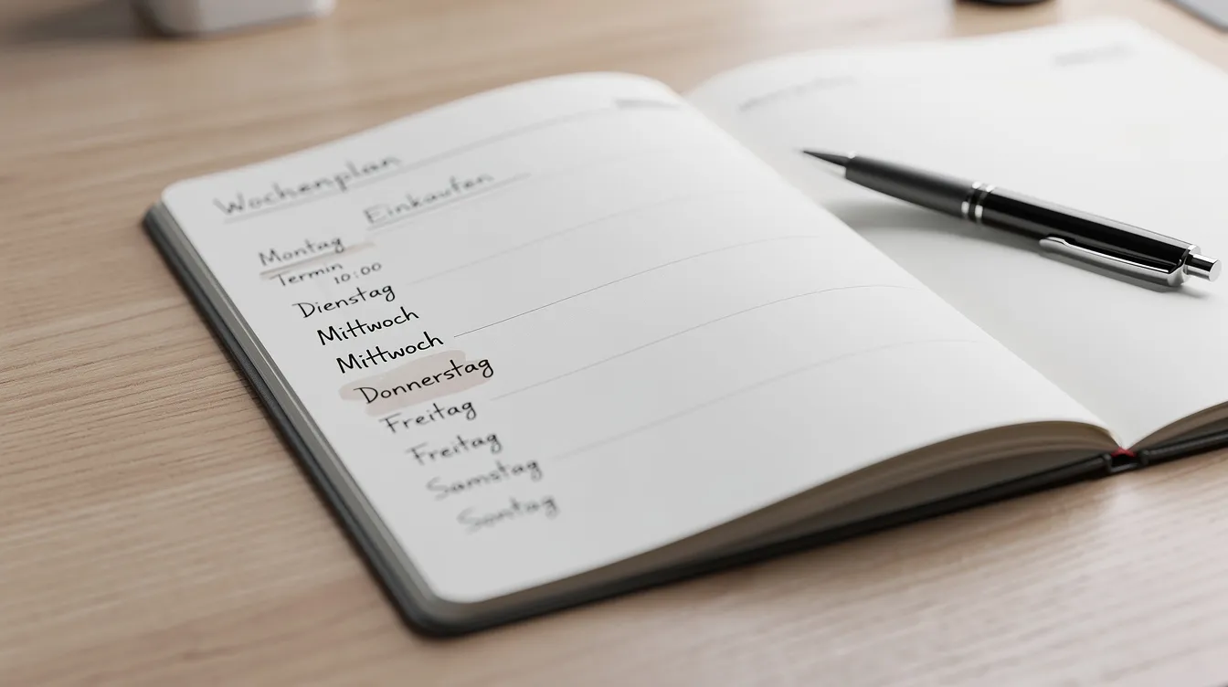 Auf einem Schreibtisch liegt ein Notizbuch mit einem Wochenplan, daneben ein Stift. Die Szene vermittelt eine organisierte Arbeitsatmosphäre, die für die Planung und Strukturierung von Aufgaben geeignet ist.