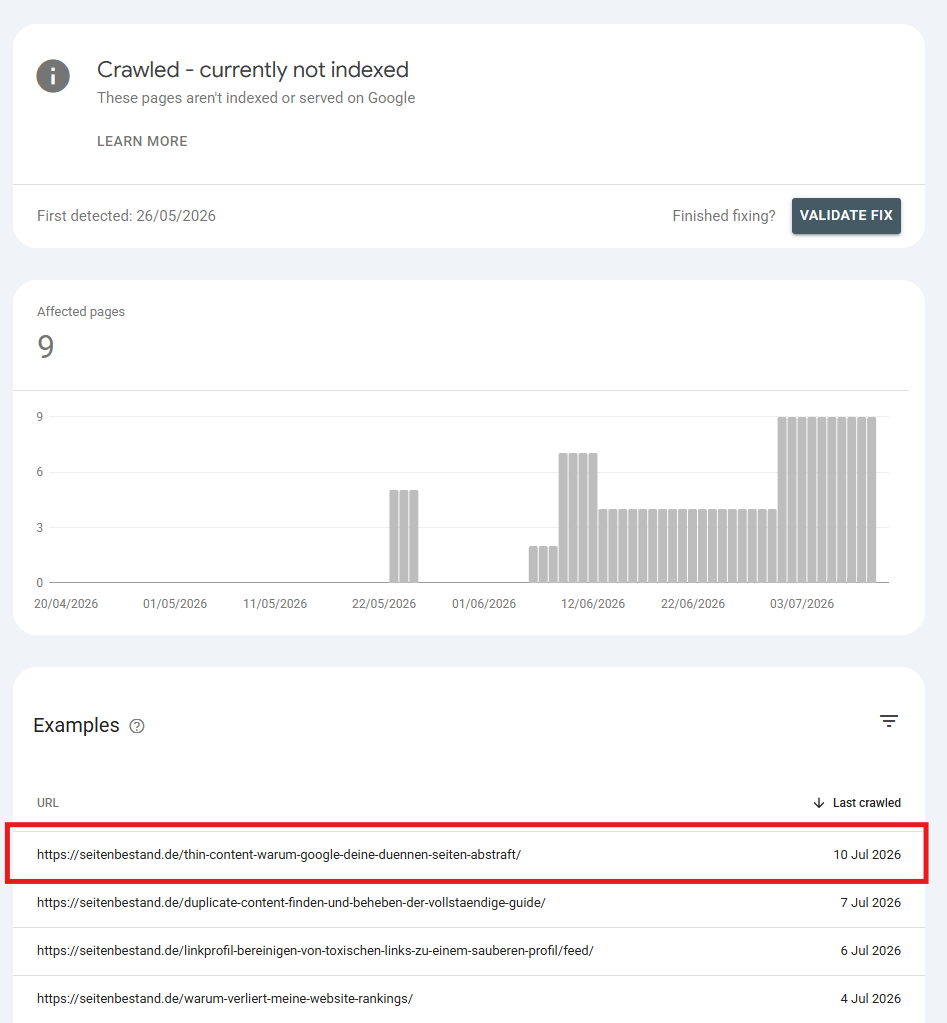 Liste der Seiten mit dem Status Crawled – currently not indexed, die Thin-Content-URL steht an erster Stelle