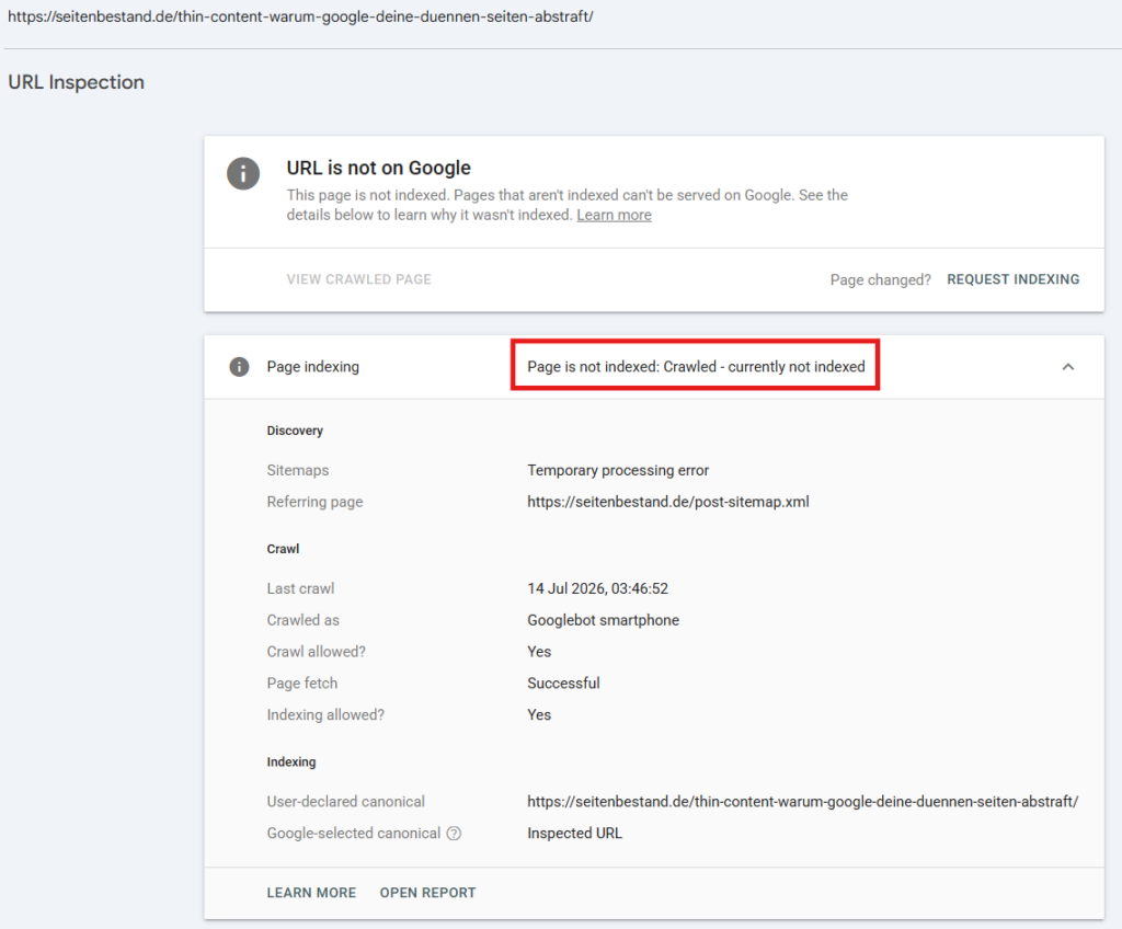 URL-Prüfung in der Search Console mit dem Status Crawled – currently not indexed und dem Crawl-Block darunter